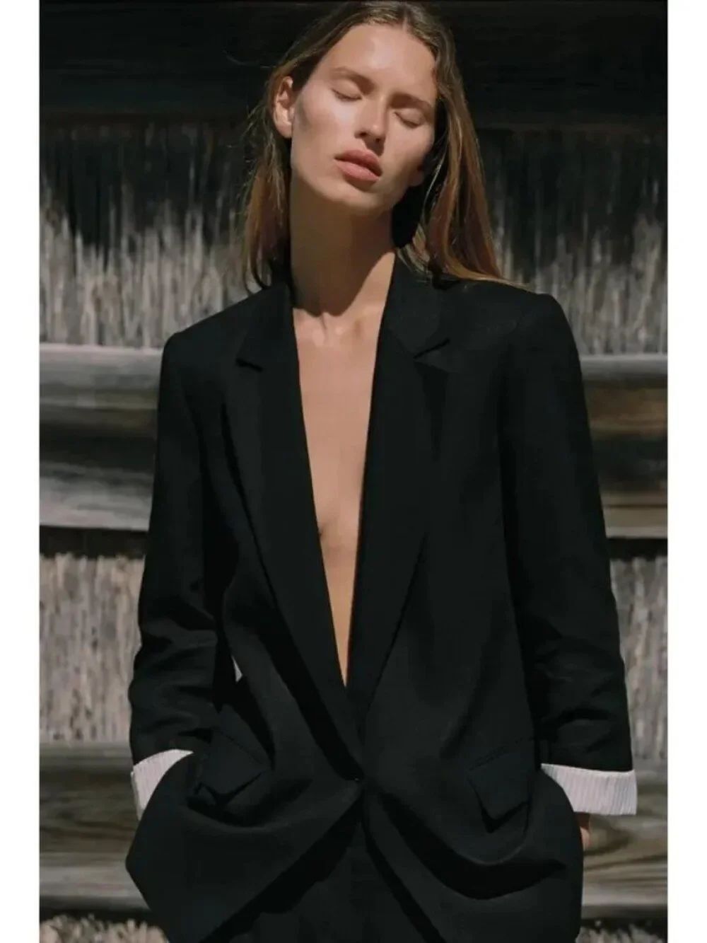 Zara WomensโLinen Blazer Suit Jacket XS Black Printed Cuffs 2753/630 NWT